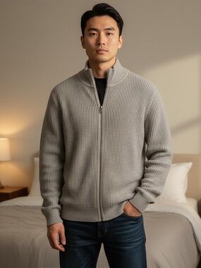 Theory Men's Light Gray Zip-Front Knit Cardigan